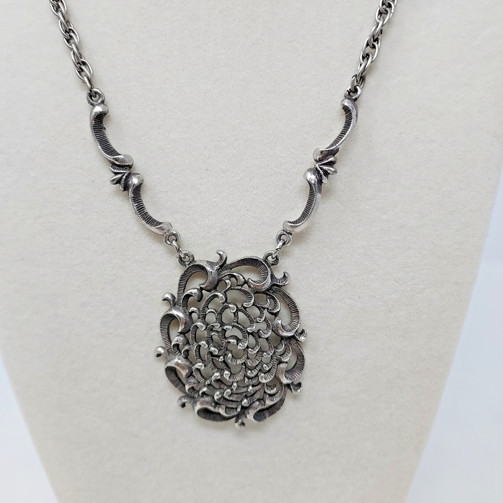 Vintage Aged Silver Tone Filigree Pendant Necklace Victorian Revival Style 17"